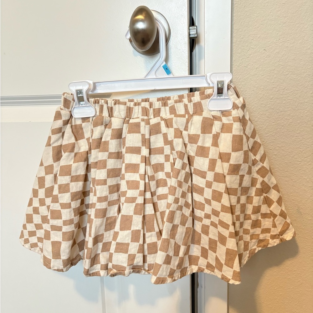 Rylee + Cru Checkered Skater Skirt in Tan and Cream